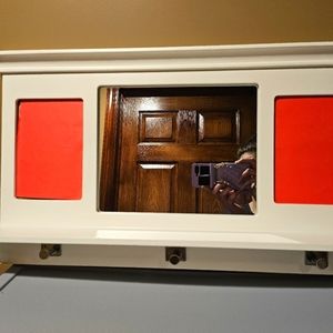 Heavy Wood Coat-Rack with Mirror & 2 Frame slots for Pictures.